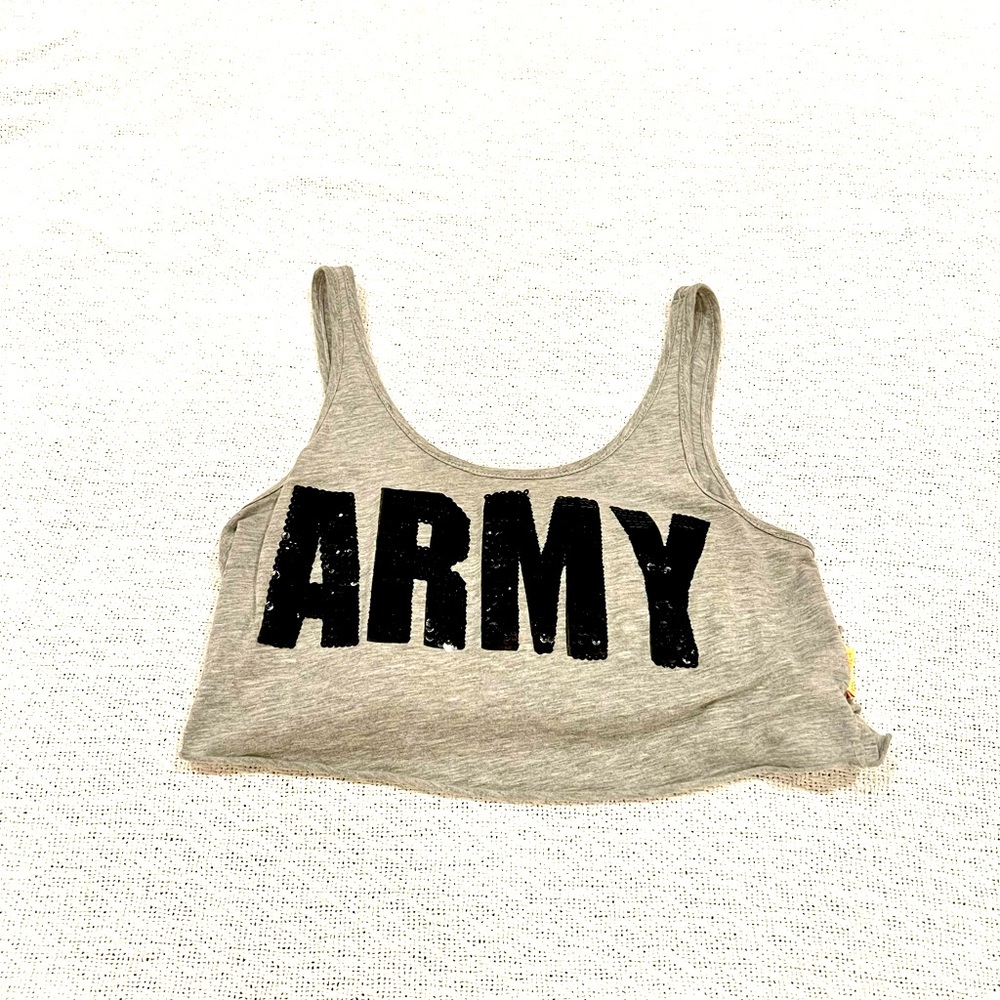 Agua Bendita Grey Cropped Army Shirt W/Back Ruffle Detail.